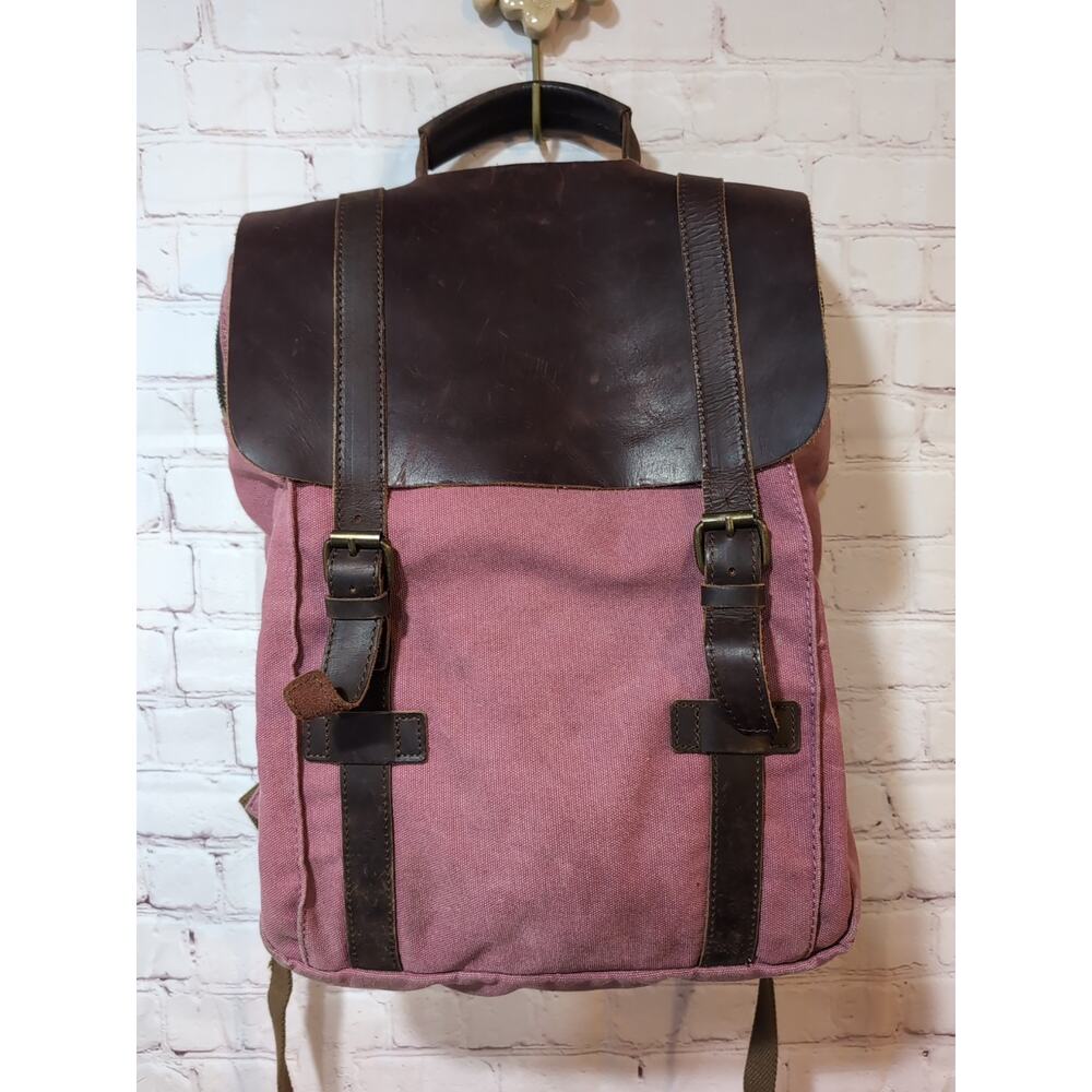Canvas Leather Rucsack Backpack Unisex Red Purple Brown Outdoor Travel Rucksack